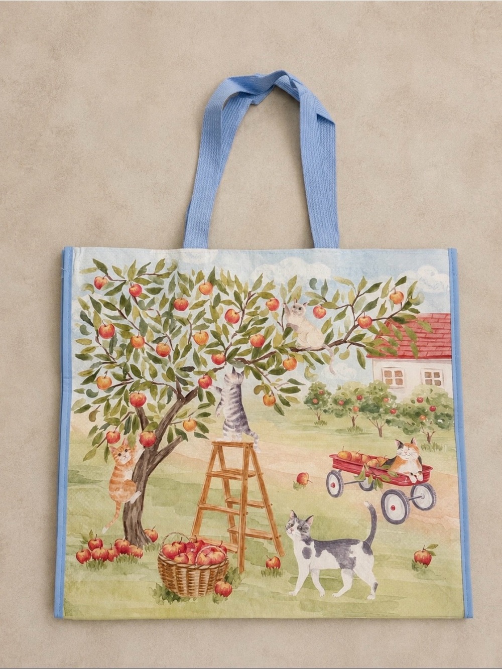 Apple picking cats reusable tote bag